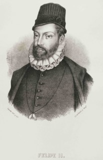 Philip II (1527-1598). King of Spain (1556-1598). Portrait. Illustration by Salcedo. Lithography.