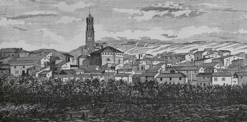 Spain, Aragon, Zaragoza province, Ricla. General view of the village. Engraving. Cronica General de