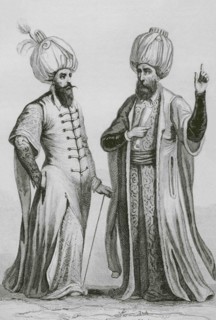 Functionaries of the Ottoman Empire. Janissary Agha (left) top Ottoman military official) and Kadi