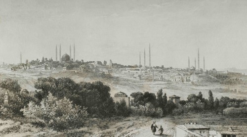 Ottoman Empire. Turkey. Adrianople (today Edirne). Panoramic of the city. Engraving by Lemaitre,
