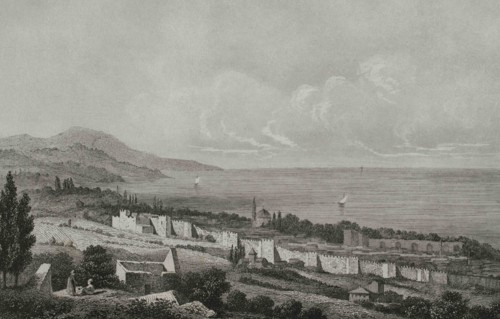 Ottoman Empire era. Turkey. Trabzon. Black Sea coastal city. View. Engraving by Lemaitre, Preaux