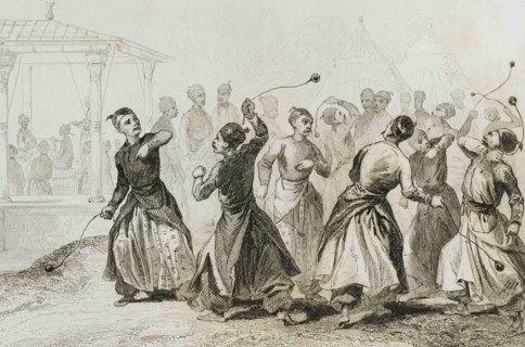 Ottoman Empire. Turkey. Men exercising in Tomak game. Martial art. Traditional game in which woll