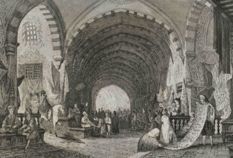 Ottoman Empire. Turkey. Constantinople (today Istanbul). The Bazaar. Engraving by Lemaitre.