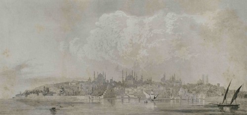 Ottoman Empire. Turkey. Constantinople. Panoramic view of Constantinople with the Seraglio Point.
