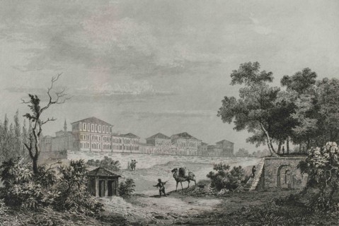 Ottoman Empire. Turkey. Beyoglu. Burial ground or Champs des Morts Barracks at Pera. Engraving by