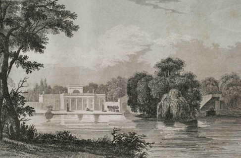 Poland, Warsaw. Royal Baths Park. View of the Palace on the Isle. Engraving by Lemaitre, Vormser