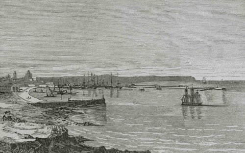 Spain. Panoramic of the Grao of Valencia. Illustration by Caula. Engraving, 19th century. Cronica