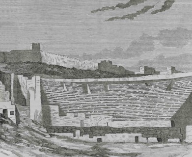 Spain, province of Valencia, Sagunto. View of the ruins of the Roman Theater. Illustration by Sesma