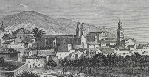 Spain, Alicante province, Orihuela. Panoramic of the town. Illustration by Letre. Engraving by