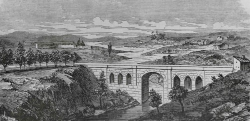 Spain, Alicante province, Alcoy. Panoramic of the Maria Cristina Bridge, over the riverbed of the