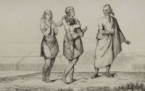 Indian women and old man. Engraving by Vernier. Panorama Universal. History of the United States of