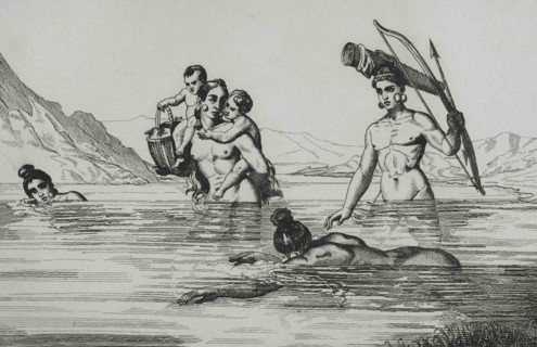 United States of America. 16th century French expedition. Florida. Natives fording a river. Jacques