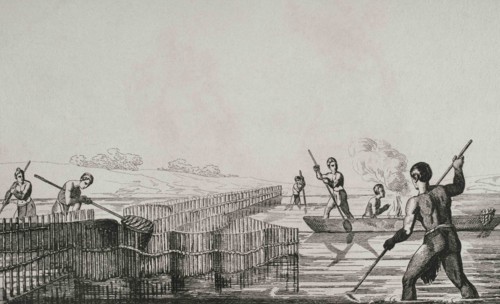United States of America. 16th century French expedition. Florida. Seminoles Indians fishing.