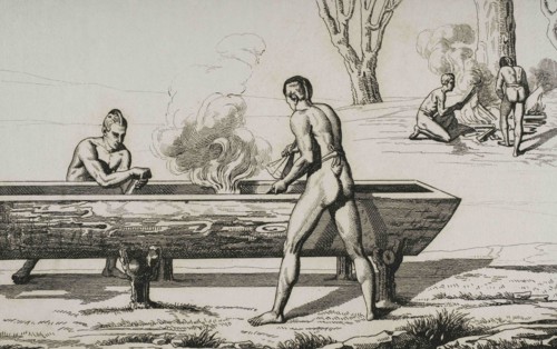 History of the United States of America. 16th century. Canoes production. Hollowing out a wooden