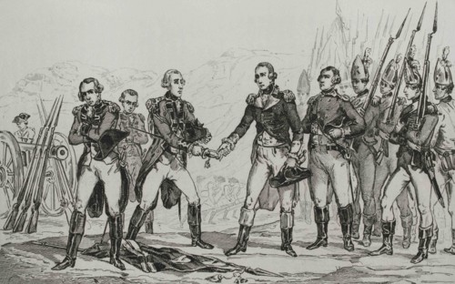 American Revolution. British General John Burgoyne's surrender after the Battlle of Saratoga on 17