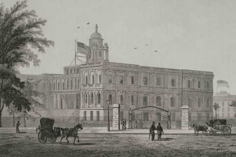 New York. City hall. Engraving by Arnout. Panorama Universal. History of the United States of