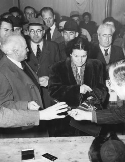 David Ben Gurion and his wife present their identity cards during the lead-up period to the 1949 elections in Israel