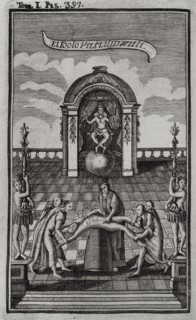 Idol Vitzliputzli (Huitzilopochtli). Mexican idol. Engraving. "Historia de la Conquista de México,
