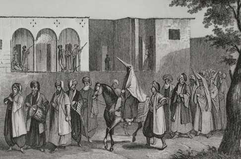 Wedding of a young Druze prince. Princess's retinue at Nahr el-Kelb. Wedding march to Mount Lebanon