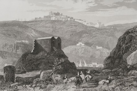 Patmos. Engraving by Aubert. ""La Tierra Santa y los lugares recorridos por los profetas, por los