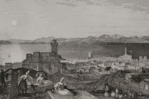 Island of Rhodes. Rhodes. Engraving by Leonce Lhuillier. ""La Tierra Santa y los lugares recorridos