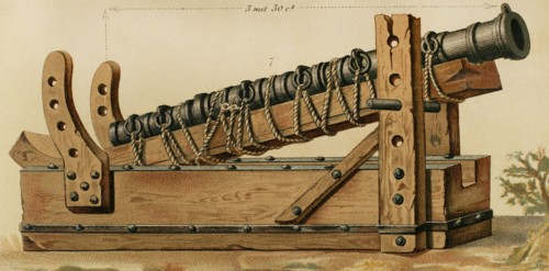 Middle Ages. Portable firearm. 13th century.. Bombard. Cromolithography. "Historia General de