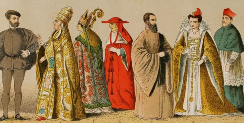 History of Italy. 1500. From left to right, 1: Venetian knight, 2: Pontifical vestment, 3: