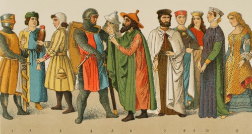 History of Germany. Middle Ages. 1200. From left to right, 1: knight, 2: physician, 3: falconer, 4: