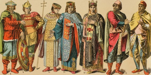 Byzantines, 1000-1200. From left to right: 8-9: warriors, 10: regal gown, 11: empress, 12: women's