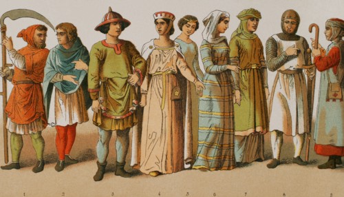 History of France, 1100. From left to right, 1-2: ploughmen, 3: nobleman, 4-5-6-7: noble ladies, 8:
