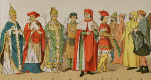 History of Italy. 1300. From left to right, 1: Pope, 2: cardinal, 3: archbishop, 4: citizen,