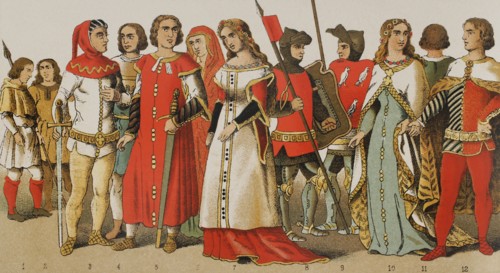 History of Spain. 1300. From left to right, 1-2: hunters, 3-4-5: noblemen, 6-7: noble ladies, 8-9: