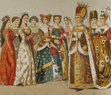 History of France. 1300. From left to right, 12: queen, 13-14-15-16: lady, 17: princess, 18: lady,