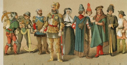 History of France. 1400. From left to right, 1-2: crosbowmen, 3-4: knights, 5: mourning gown,