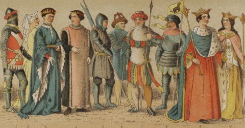 History of England. 1400-1450. From left to right, 1: knight (1417), 2: lady, 3: King Henry V of