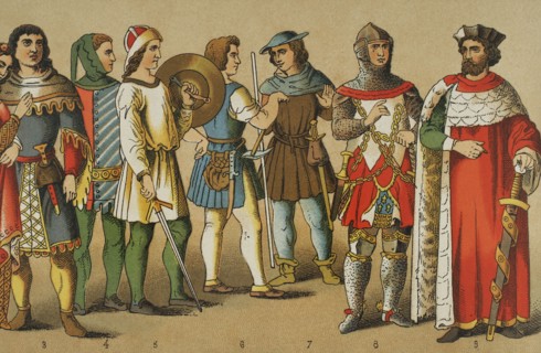 History of Germany. 1300-1350. From left to right, 3-4: noblemen, 5: armed citizen, 6-7: