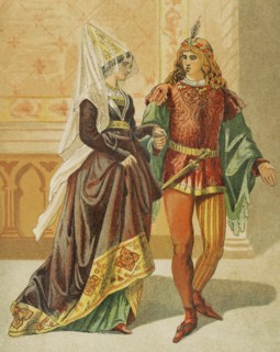 Europe. 14th century. Lady and minstrel. Chromolithography. ""Historia Universal"", by Cesar Cantu.