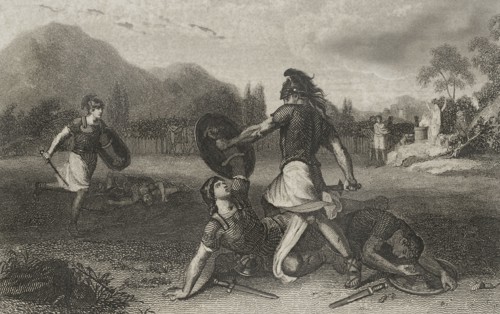 Fight between the Horatii and the Curiatii. Engraving. "Historia Universal", by César Cantú. Volume