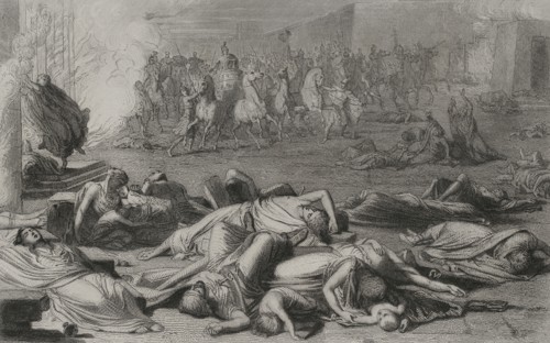 Numantine War. Siege of Numantia by Roman troops, 133 BC. Destruction of the city. Engraving.