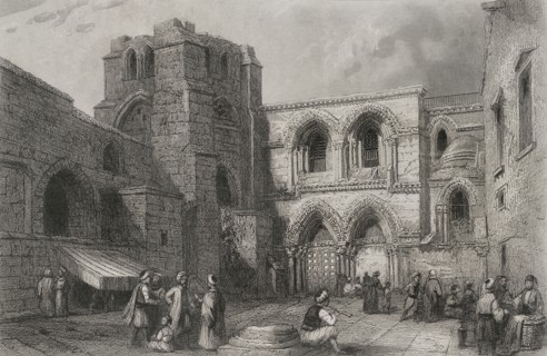History of Israel. Jerusalem. Entrance to the Church of the Holy Sepulchre. Engraving. "Historia