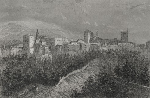 History of Spain. Andalusia. Granada. Panoramic view of the Alhambra. Engraving by Geoffroy.