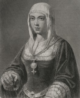 Isabella I (1451-1504). Queen of Castile (1474-1504). Queen consort of Aragon for her marriage to