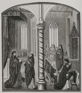 School of Mendicant Monks. Punishment of the rods. Engraving after a 15th century miniature.