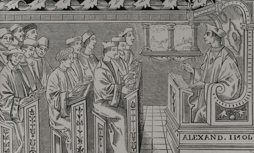 Interior of a School. Engraving from a 16th century print. Sciences & Lettres au Moyen Age et a