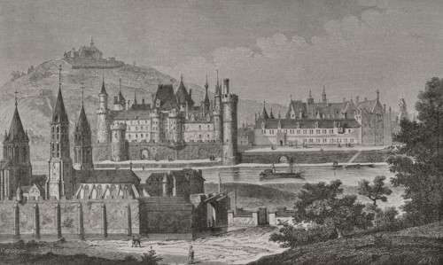 France. Paris. View of Saint-Germain-des-Pres and Pre aux Clercs under reign of Charles V. Abbey of