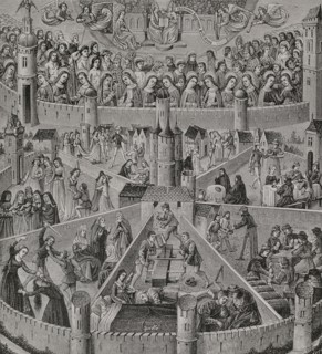 Heavenly city and earthly city. Representation of the ""City of God"" as imagined by St. Augustine.