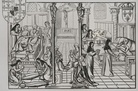 France. A ward in the Hotel-Dieu, in Paris. Facsimile after a 16th century wood engraving, in the