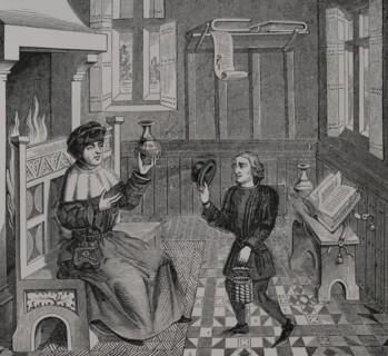 Interior of a Doctor's House. Engraving from a miniature of the ""Epistre de Othea"" by Christine