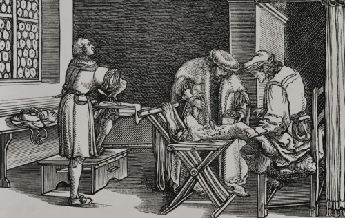 German surgeon. Facsimile of an engraving attributed to Hans Holbein, in the German translation of