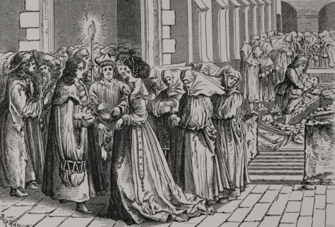 Marriage of a young man to an older woman. Facsimile by Bertrand based on an engraving of the